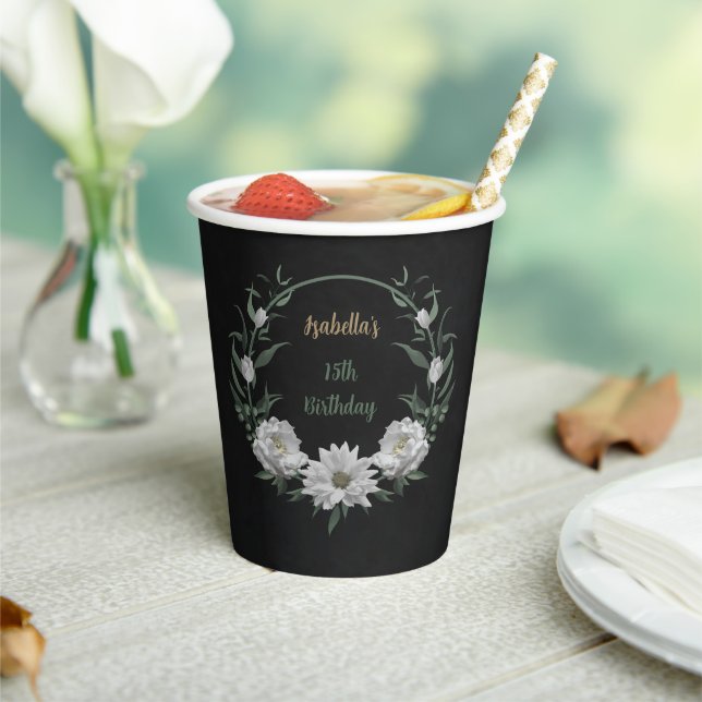 Vasos De Papel flores blancas románticas & hojas verdes negras (in situ)