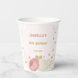 Vasos De Papel Flores blancas rosadas románticas botánica dorada