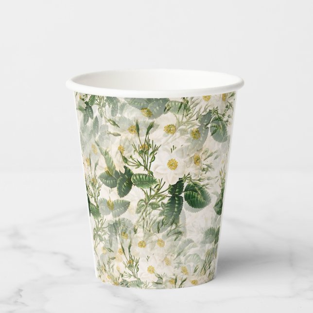 Vasos De Papel Flores blancas suaves y románticas y hojas verdes (Anverso)