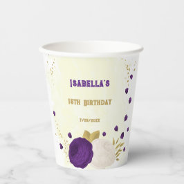 Vasos De Papel flores blancas y púrpura real doradas