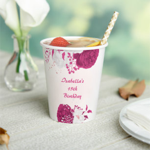 Vasos De Papel flores botánicas fucsia blancas románticas