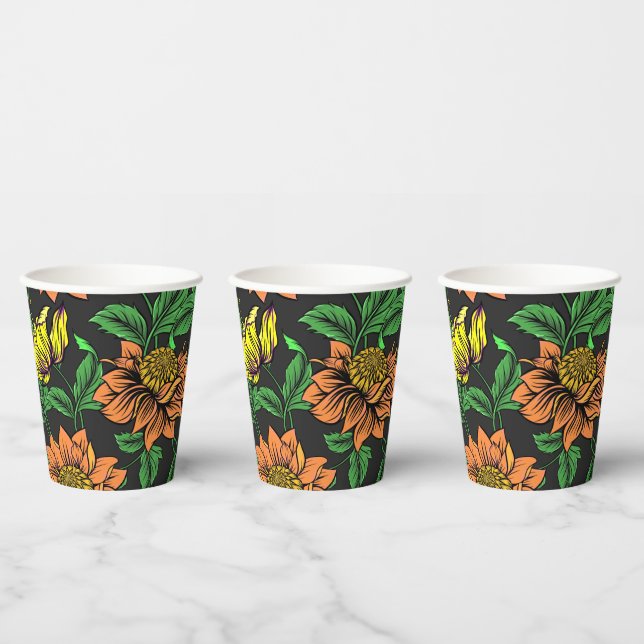 Vasos De Papel Flores brillantes pop de fondo negro (Multi)