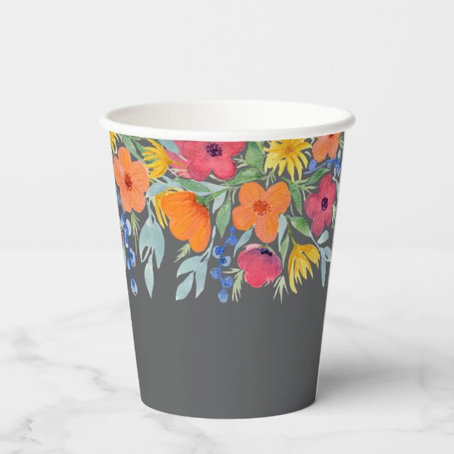 Vasos De Papel Flores de Acuarela sobre Gris (Reverso )