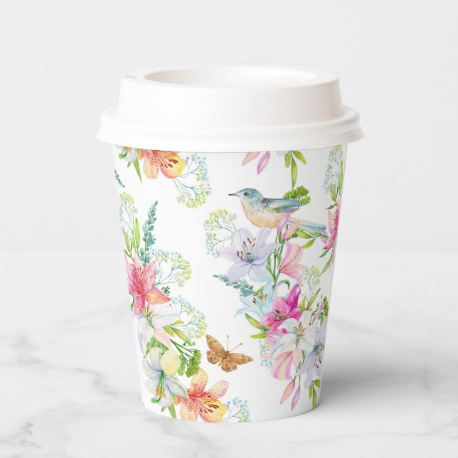 Vasos De Papel Flores de bodas, lirios y pájaros acuarela (Reverso )