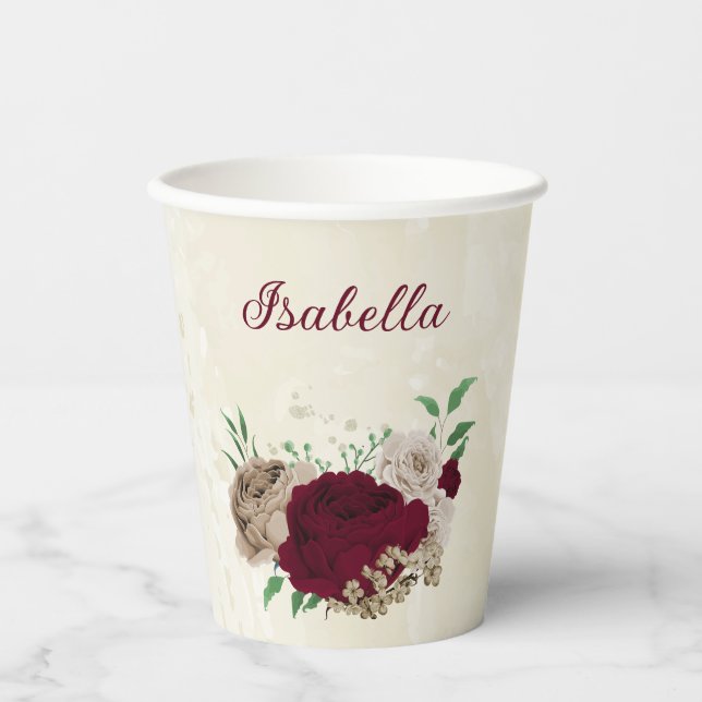 Vasos De Papel flores de champán de Borgoña (Anverso)