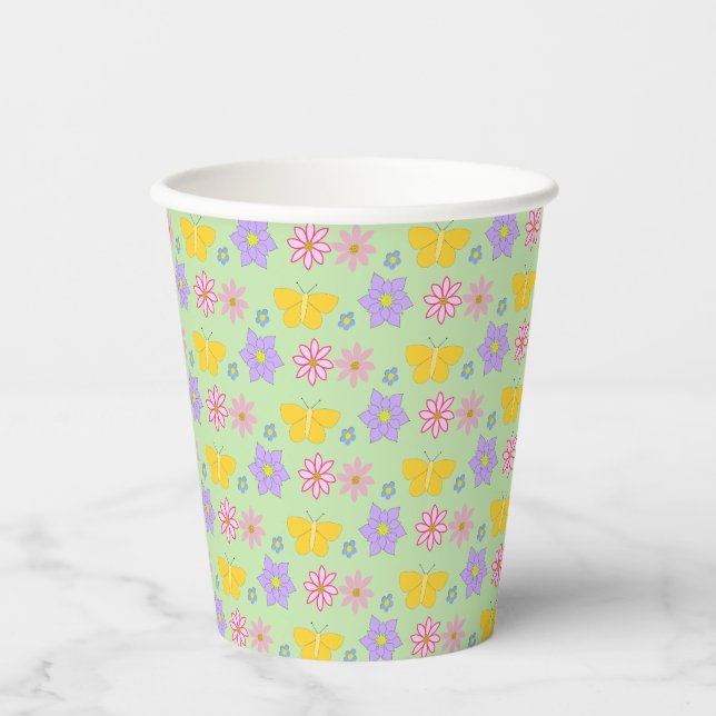 Vasos De Papel Flores de Día de la Madre y mariposas estampadas (Anverso)