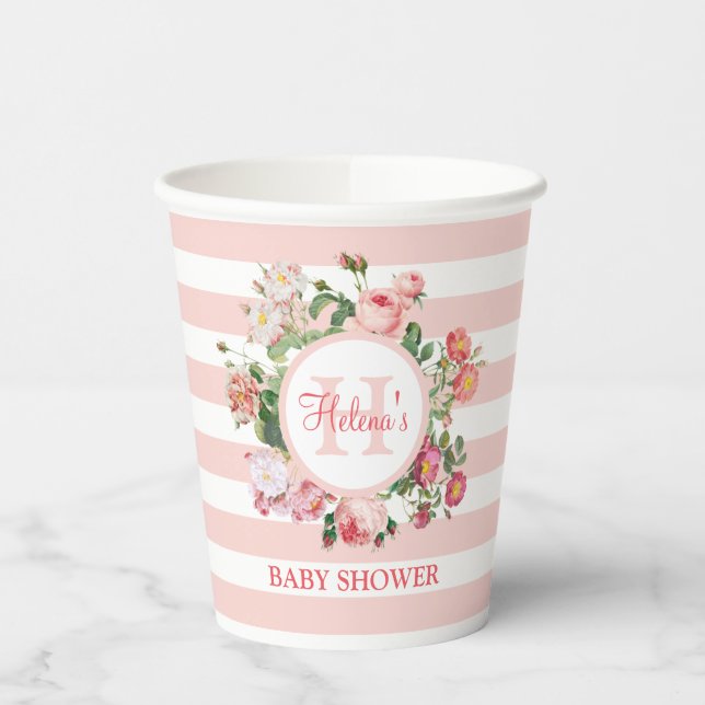 Vasos De Papel Flores de época Bandas rosadas Monograma Baby Show (Izquierda)