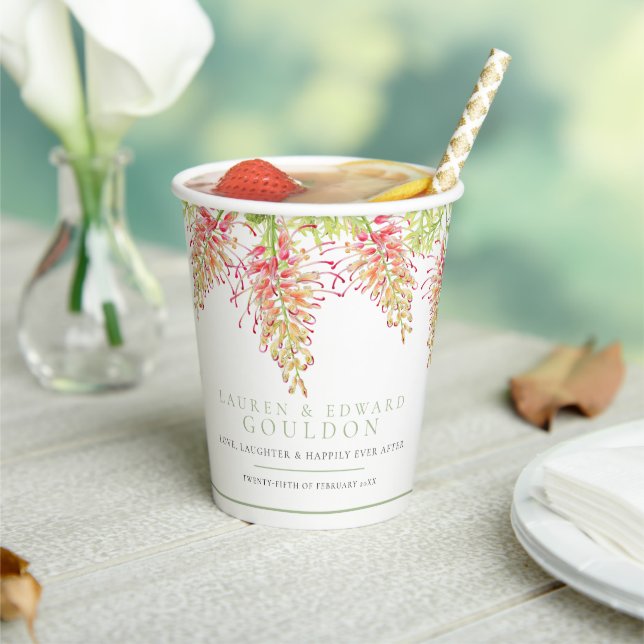 Vasos De Papel Flores de grevillea acuarela boda blanco verde (in situ)