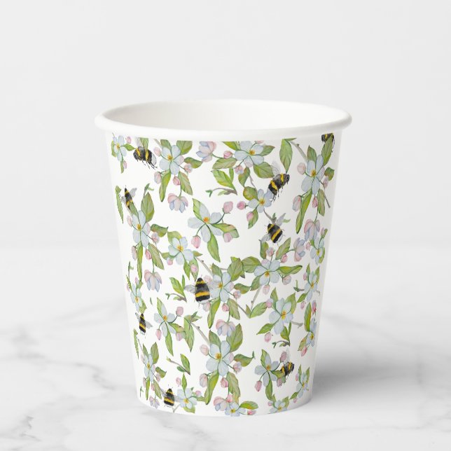 Vasos De Papel Flores de jardín de primavera y abejorros (Anverso)
