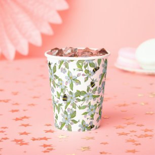 Vasos De Papel Flores de jardín y abejorros de acuarela
