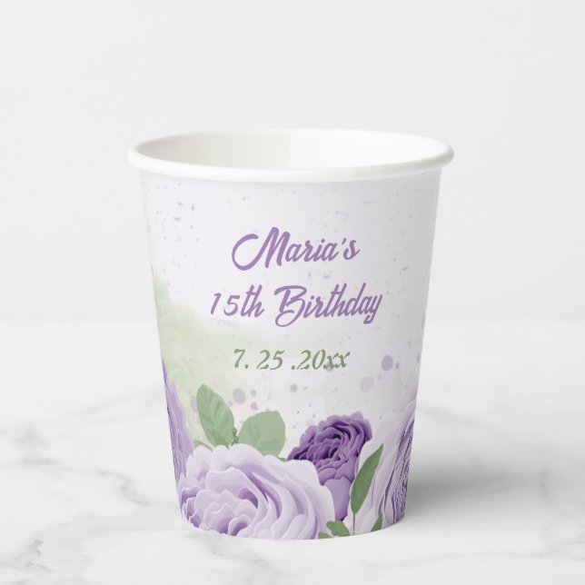 Vasos De Papel flores de lavanda moradas románticas hojas verdes (Izquierda)
