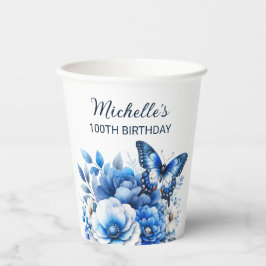 Vasos De Papel Flores de mariposa azul Elegante cumpleaños número