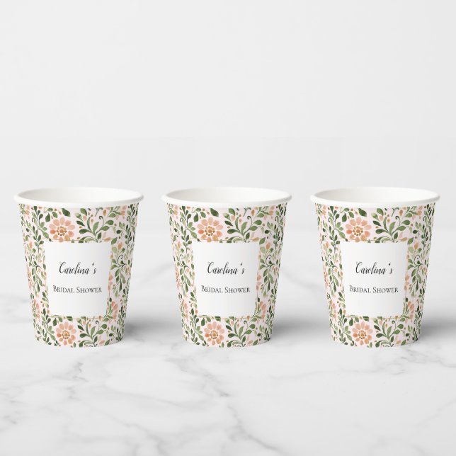Vasos De Papel Flores de Melocotón Rosado Hojas Verdes Despedida  (Multi)
