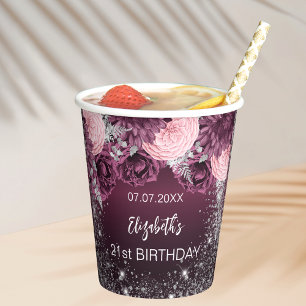 Vasos De Papel Flores de plata burdeos de cumpleaños destello ros