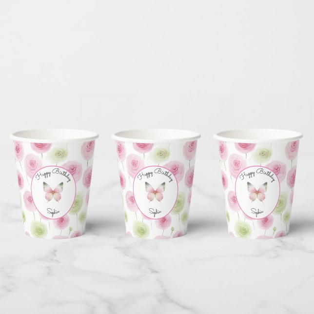 Vasos De Papel Flores de Ranunculus Rosa Femeninas Cumpleaños (Multi)