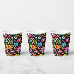 Vasos De Papel Flores folclóricas Wycinanki negro
