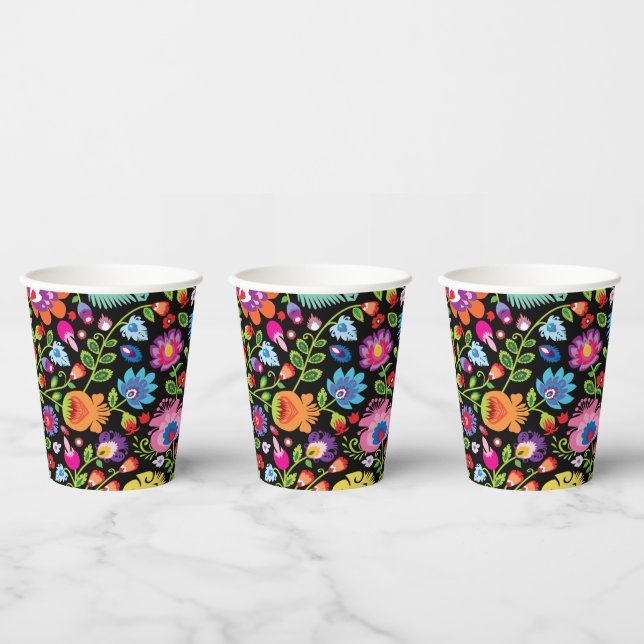 Vasos De Papel Flores folclóricas Wycinanki negro (Multi)