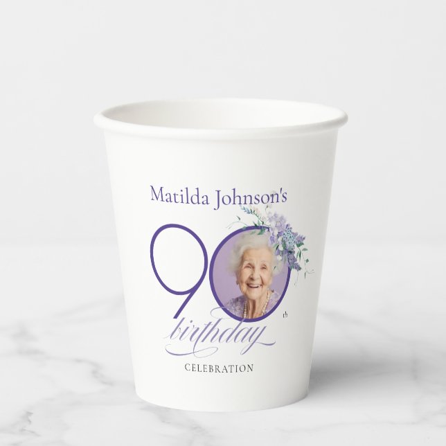 Vasos De Papel Flores Fotográficas Personalizadas Cumpleaños 90 M (Anverso)