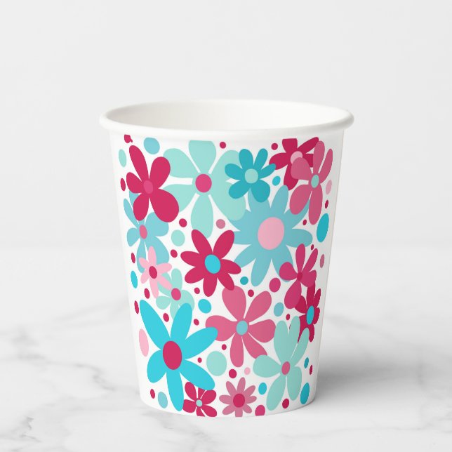 Vasos De Papel Flores funky azules y rosas (Reverso )