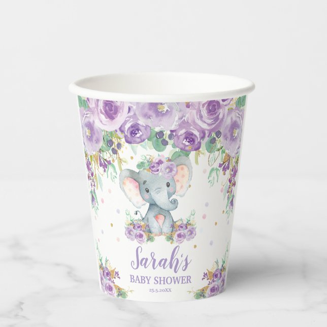 Vasos De Papel Flores moradas florales cute elefante Baby Shower (Anverso)