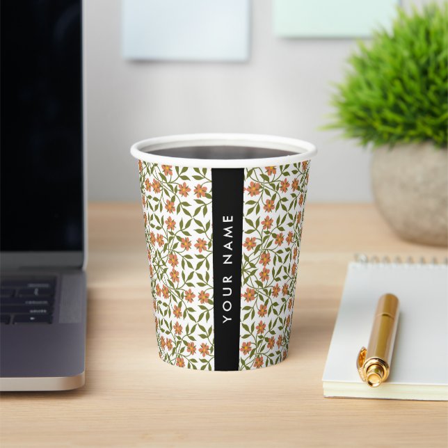 Vasos De Papel Flores Naranjas, Patrón Floral, Boho, Tu Nombre (in situ)
