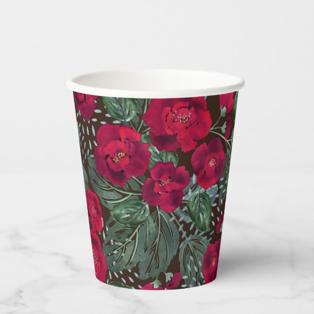 Vasos De Papel Flores rojas, acuarela floral. (Anverso)