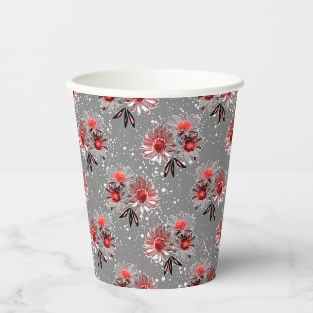 Vasos De Papel Flores rojas en gris (Anverso)