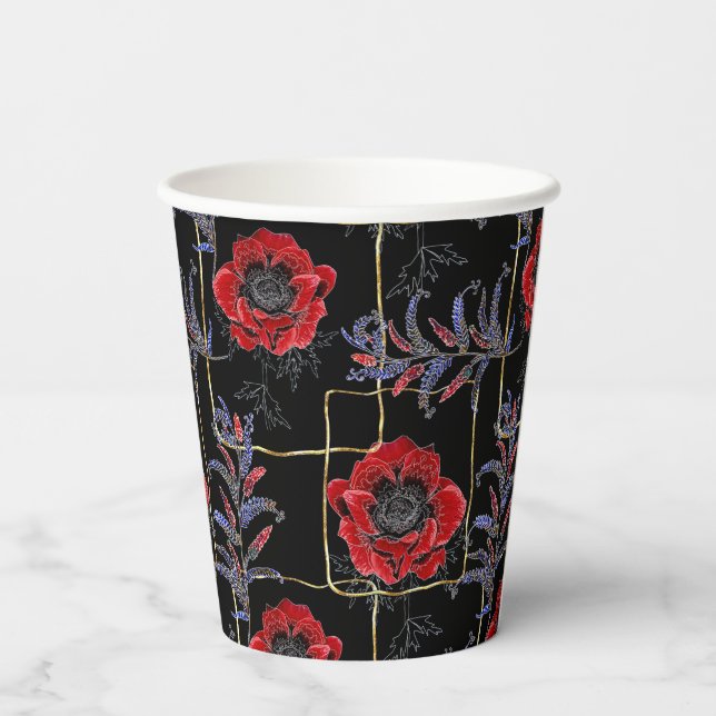 Vasos De Papel Flores rojas en negro. (Reverso )