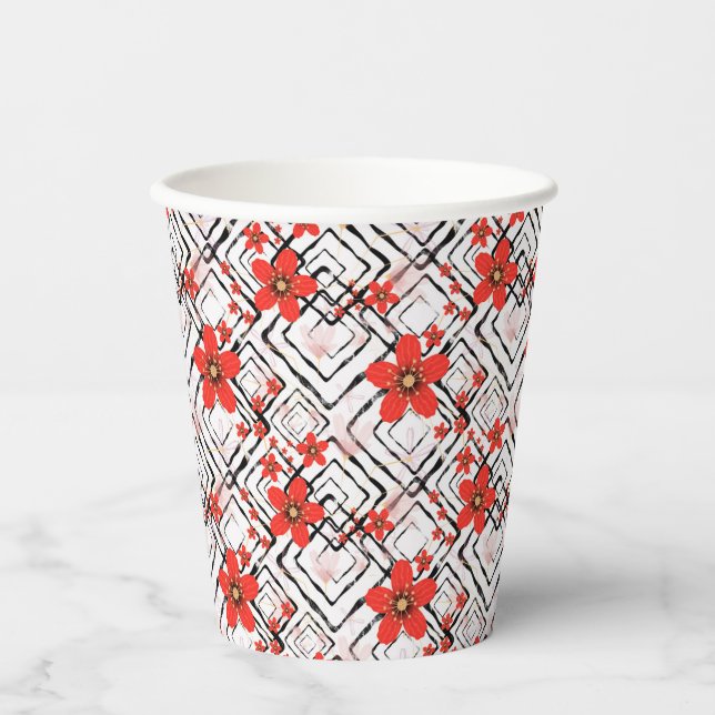 Vasos De Papel Flores rojas en un fondo blanco y negro. (Anverso)