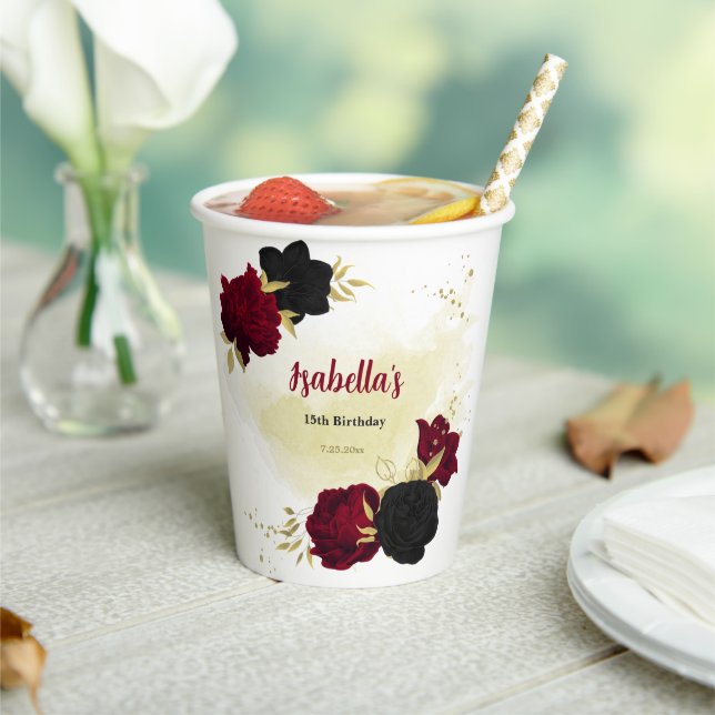 Vasos De Papel flores rojas negras hojas de oro (in situ)