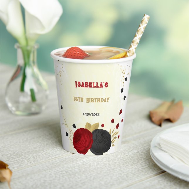 Vasos De Papel flores rojas oscuras y negras doradas (in situ)