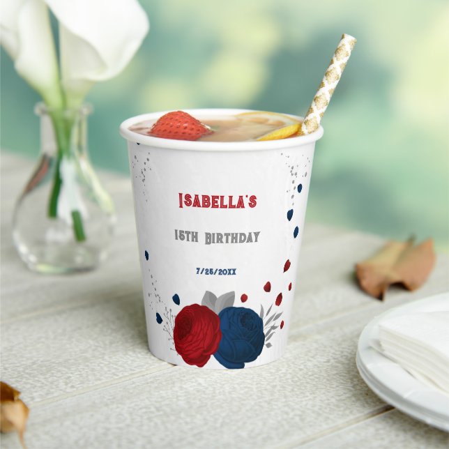 Vasos De Papel flores rojo oscuro y azul marino plata (in situ)