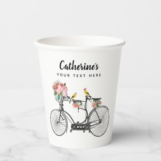 Vasos De Papel Flores románticas de bicicleta veneciana pájaros (Anverso)