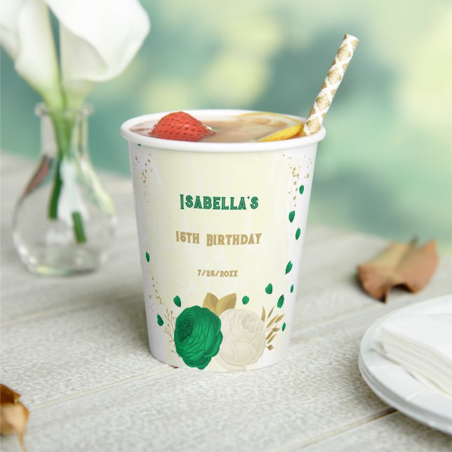 Vasos De Papel Flores románticas esmeralda verde y blanco dorado (in situ)