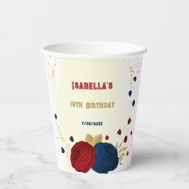 Vasos De Papel Flores románticas rojo oscuro y azul marino dorado