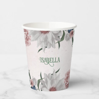 Vasos De Papel Flores románticas rosadas blancas y navy con folla