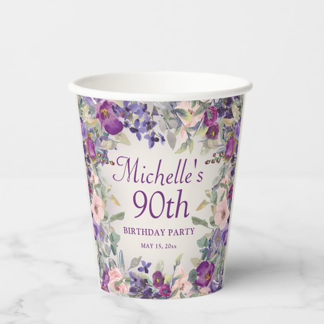 Vasos De Papel Flores Rosadas con Rubor Púrpura Cumpleaños 90 (Anverso)