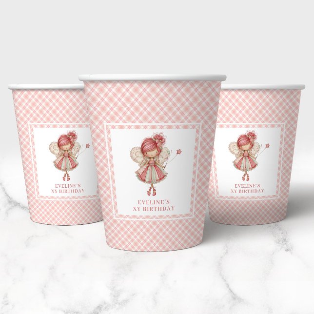Vasos De Papel Flores rosadas de hadas caprichosas Cumpleaños 7 (Whimsical Fairy Blush Pink Flowers 7th Birthday Cups)