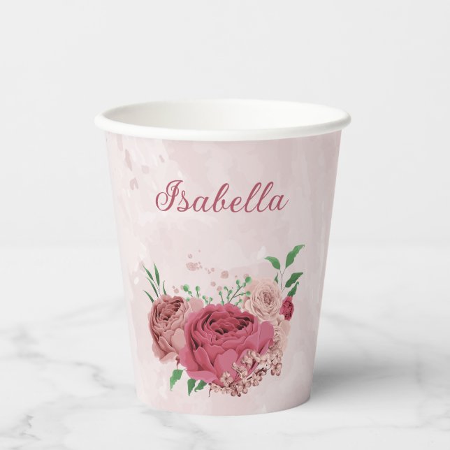 Vasos De Papel flores rosadas hojas verdes  (Anverso)