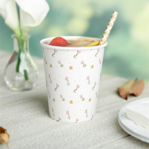 Vasos De Papel Flores rosadas y amarillas, Baby Shower Vintage
