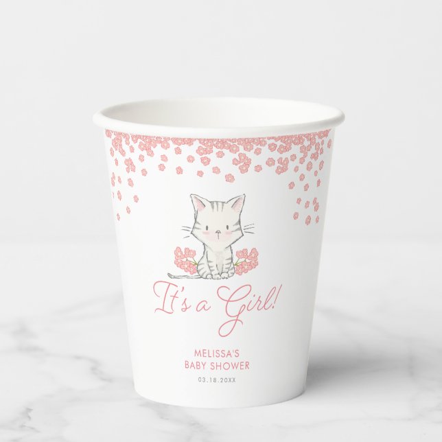 Vasos De Papel Flores rosas Kitten Chica Baby Shower (Anverso)