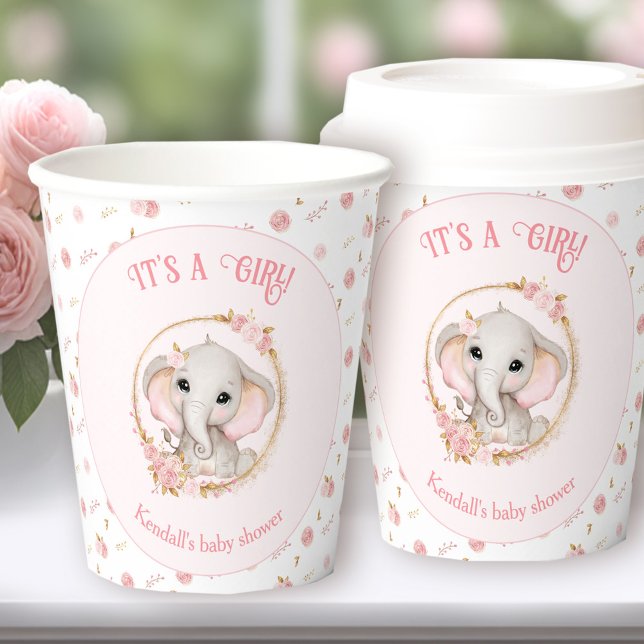 Vasos De Papel Flores rosas rosadas de elefante cubos de papel de (Cute Elephant Pink Flowers Baby Shower Paper Cups)