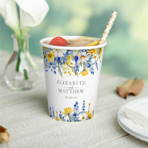Vasos De Papel Flores salvajes doradas azul turquesa Floral Boho