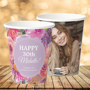 Vasos De Papel Flores Silvestres Rosadas Purpúreas Cumpleaños 30 