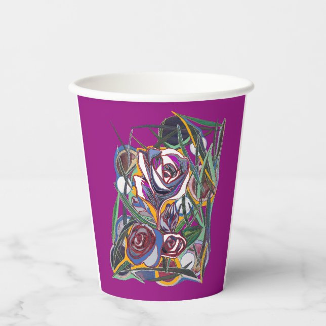 Vasos De Papel Flores , sobre un fondo morado (Anverso)