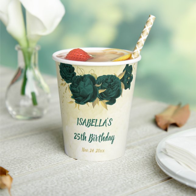 Vasos De Papel flores verdes esmeraldas y hojas de oro (in situ)