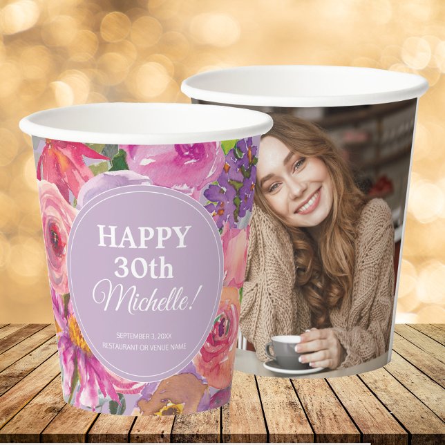 Vasos De Papel Flores violetas rosadas 30.ª foto de cumpleaños (pink and purple watercolor wildflower birthday party photo cup)