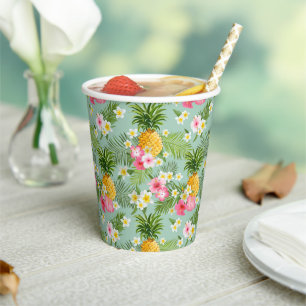 Vasos De Papel Flores y piñas tropicales