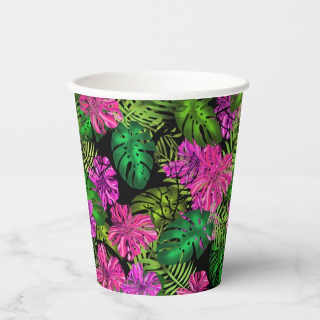Vasos De Papel Flores y plantas tropicales sobre negro (Anverso)