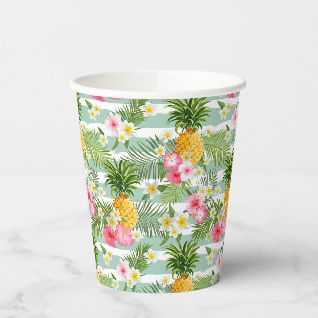 Vasos De Papel Flores y rayas Verde azuladas de piña (Izquierda)